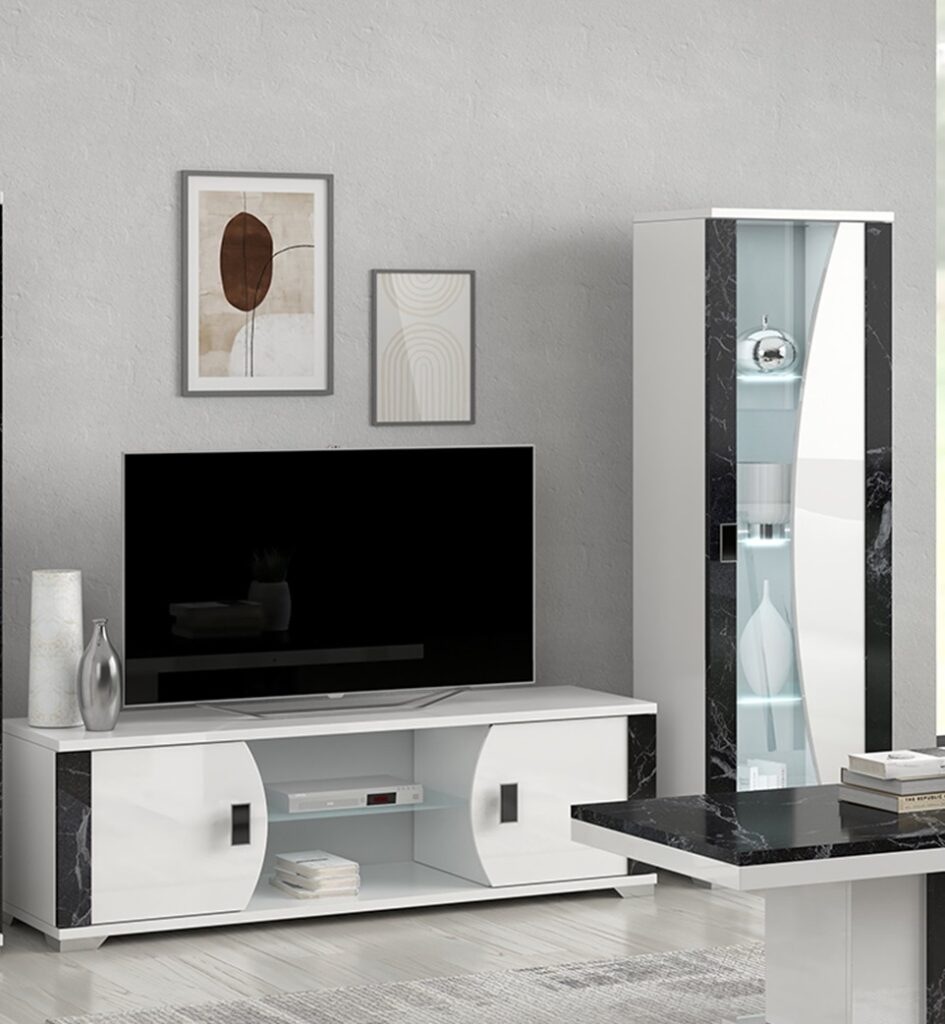 Nevada 160cm TV Stand in White and Black Marble High Gloss