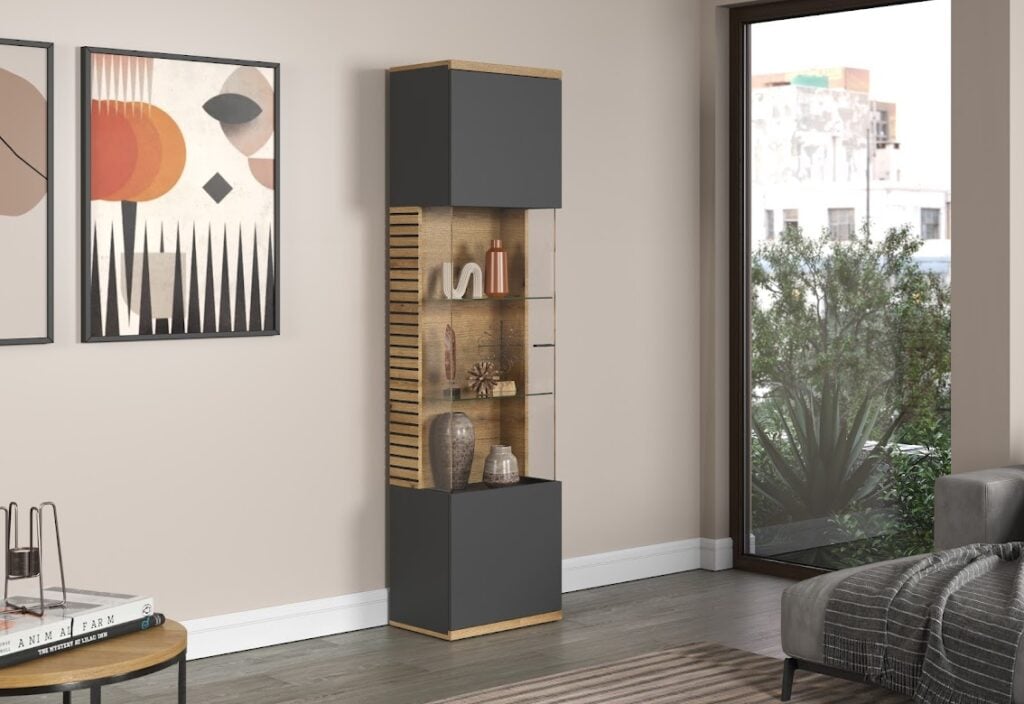 Norris Narrow Display Cabinet in Grey and Oak finish with LED Lights