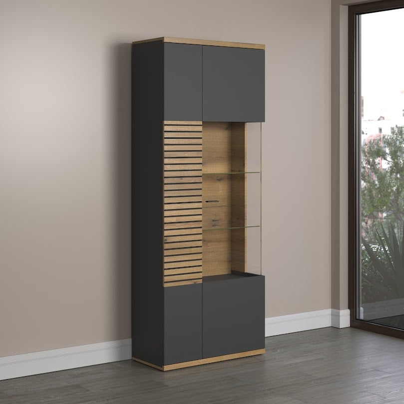 Norris 2 Doors Display Cabinet in Grey and Oak finish with LED Lights