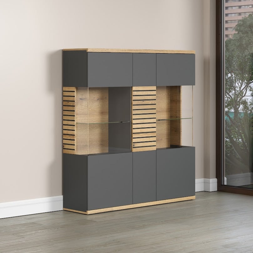 Norris Large Display Highboard in Grey and Oak finish with LED Lights