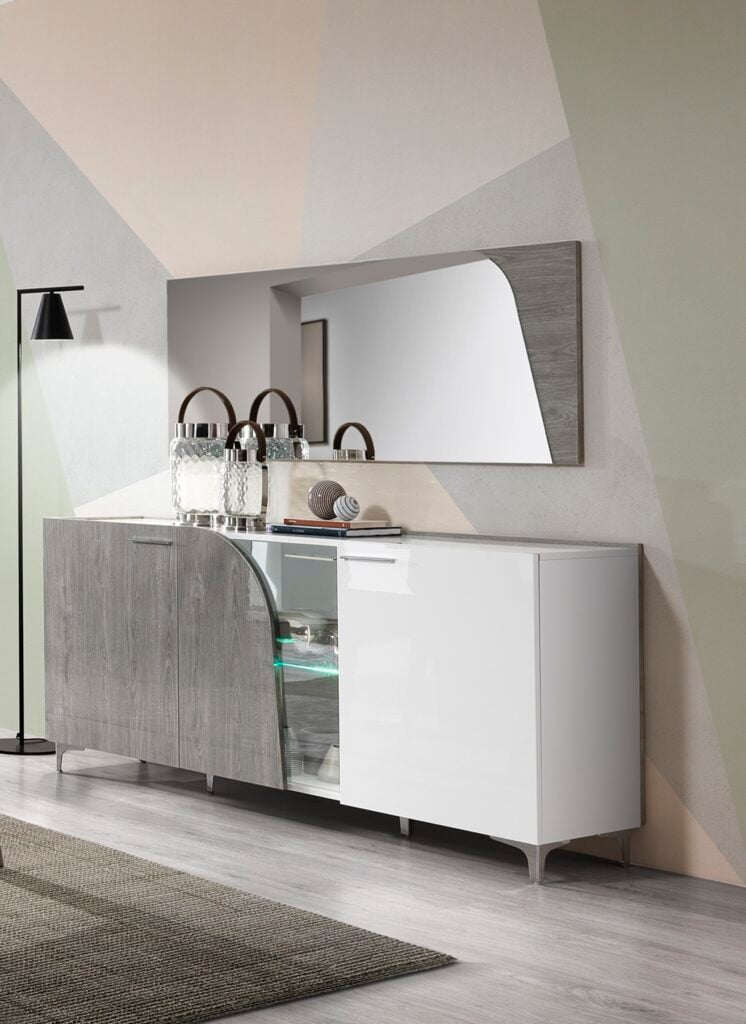 Margo 180cm Sideboard in White and Grey Oak High Gloss Finish