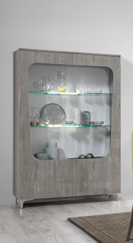 Margo 116cm Large Display Cabinet in White and Grey Oak High Gloss Finish