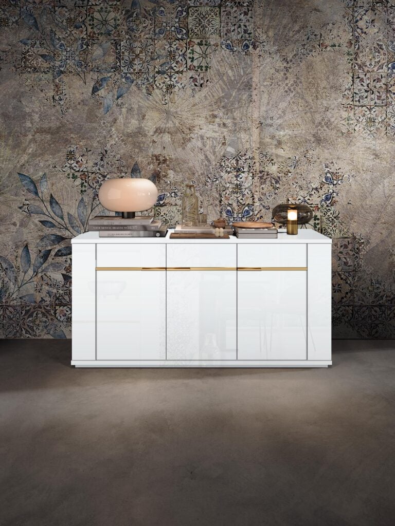Praga 164cm Sideboard in White High Gloss with Gold Inserts