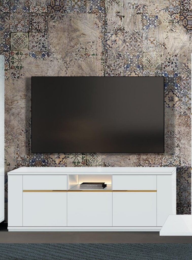 Praga 165cm TV Stand in White High Gloss with Gold Inserts