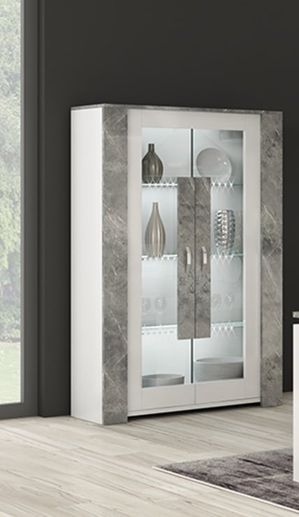 Vivio 2 Door Display Cabinet in Stone and White High Gloss