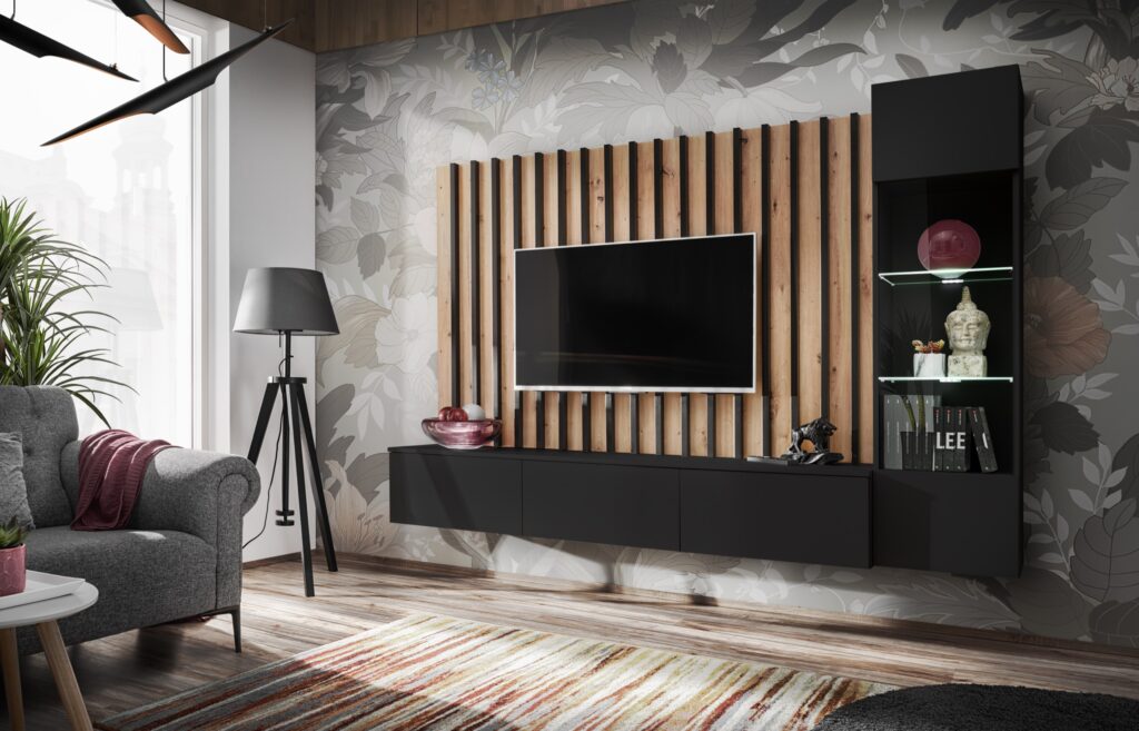 Werto 220cm Entertainment Compact Wall Unit In Black Finish
